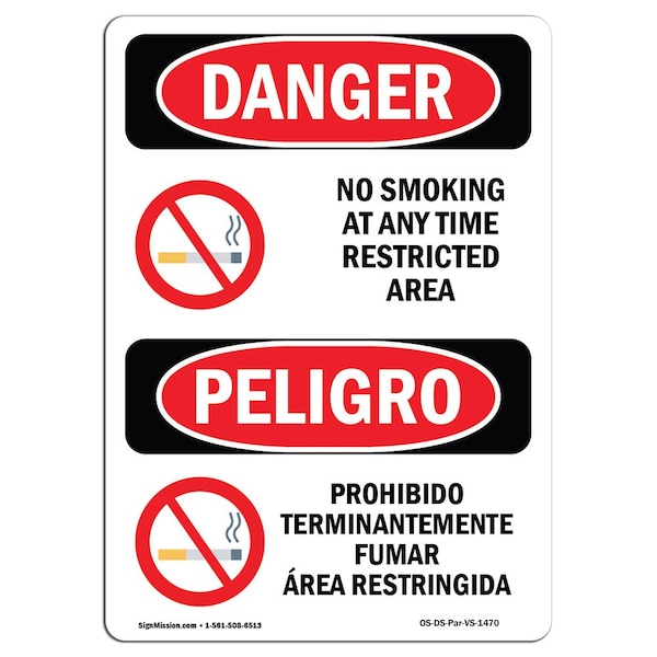 Safety Sign, OSHA Danger, 24" Height, Aluminum, No Smoking Restricted Area Spanish